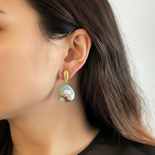 Vintage Court Turquoise Enamel Flower Drop Earrings