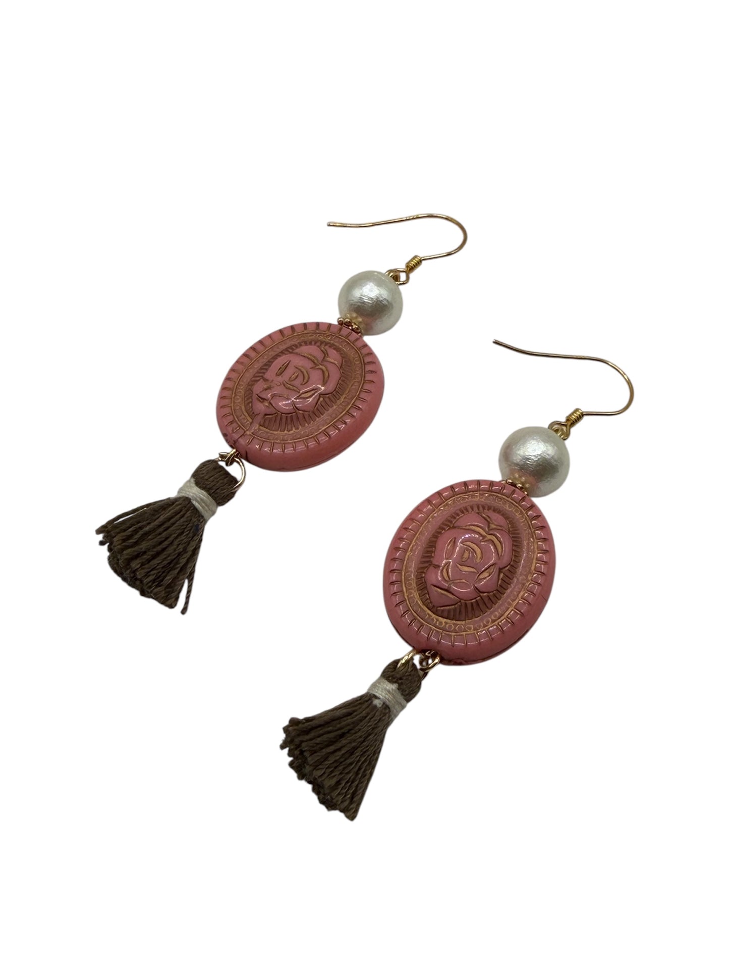 Vintage 80s Pink Resin Rose Tassel Earrings