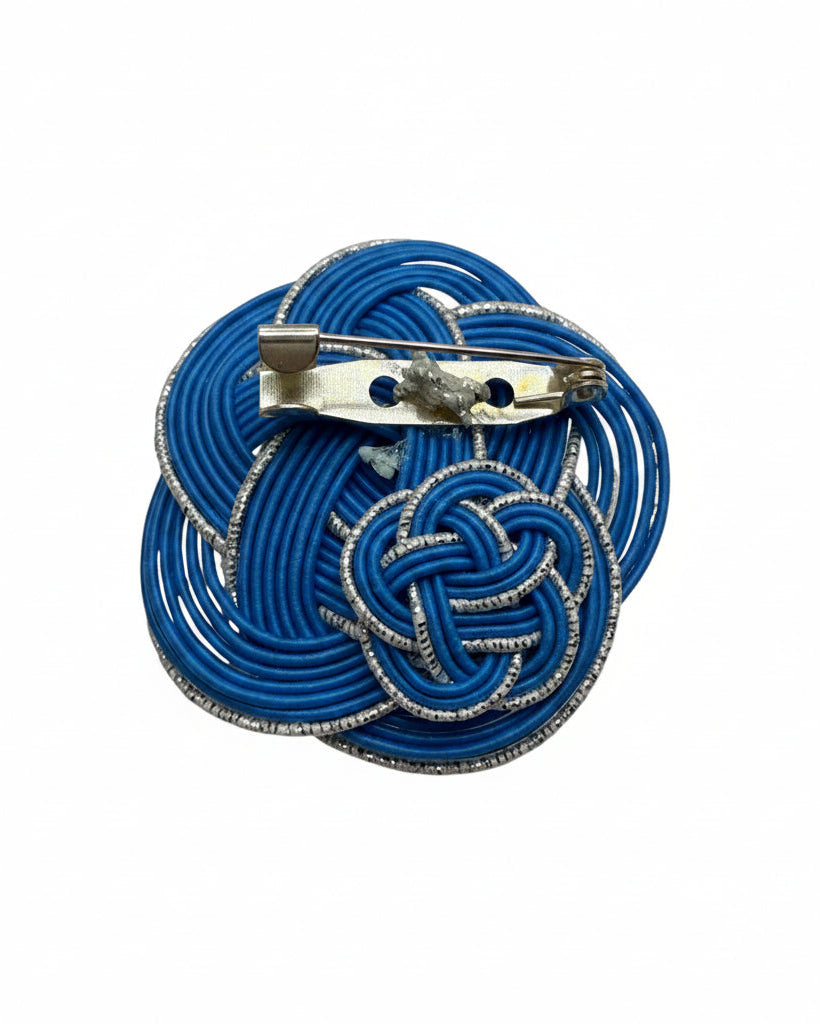 Blue Mizuhiki Camellia Brooch with faux pearl details