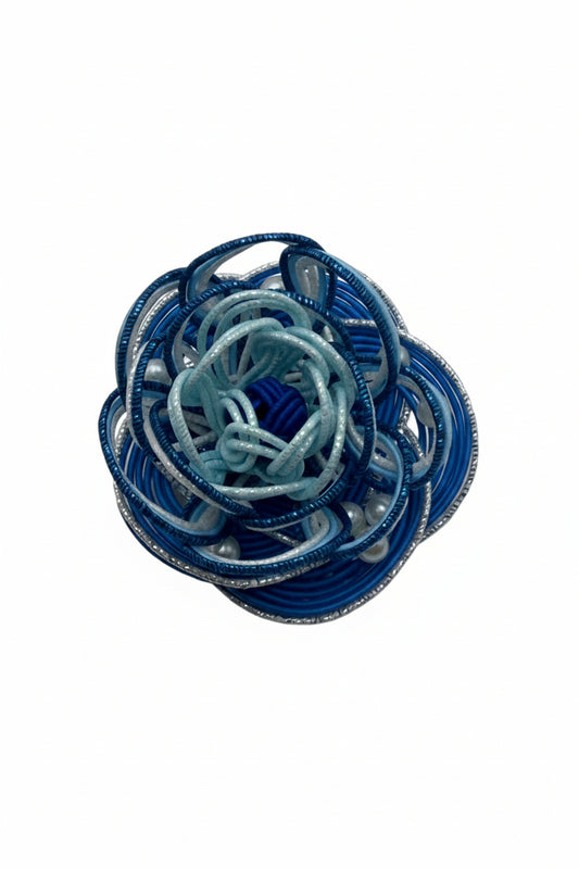 Blue Mizuhiki Camellia Brooch with faux pearl details