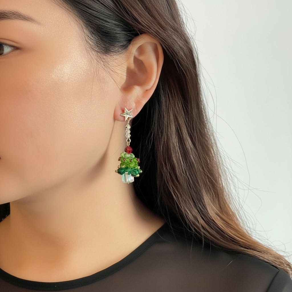 “A Different Christmas” Asymmetric Crystal Tree Earrings