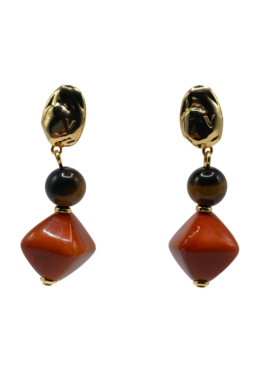 Brown Tiger Eye Cube Long Earrings