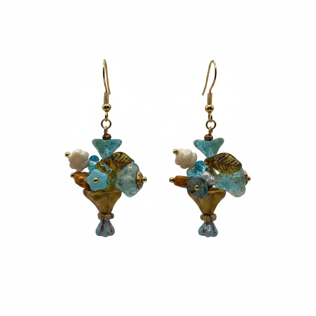 Daily Bouquet earrings with aqua Czech glass beads and stainless steel hooks