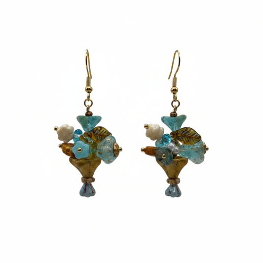 Daily Bouquet earrings with aqua Czech glass beads and stainless steel hooks