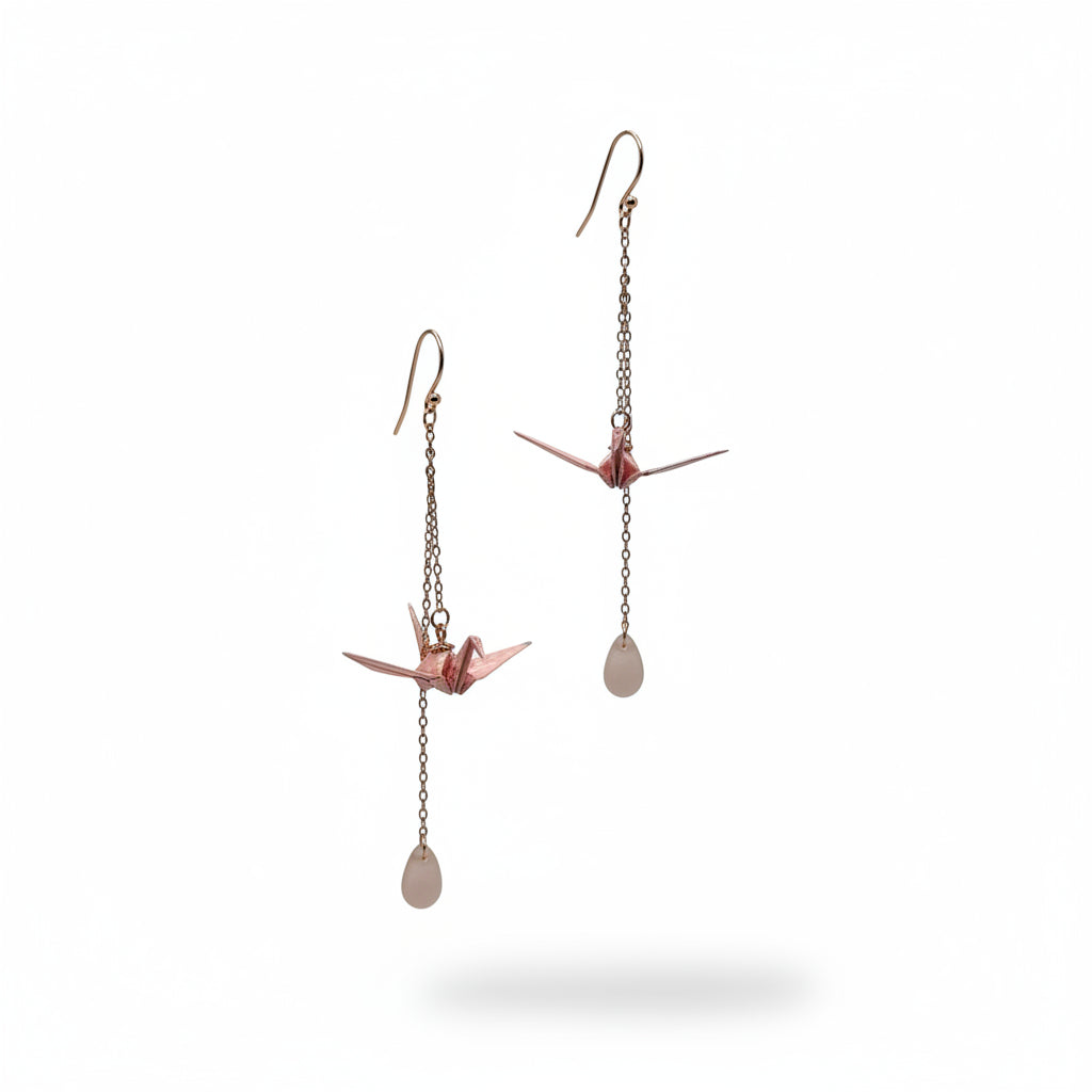 Japanese blush pink origami crane long drop earrings with teardrop accents and 925 sterling silver hooks