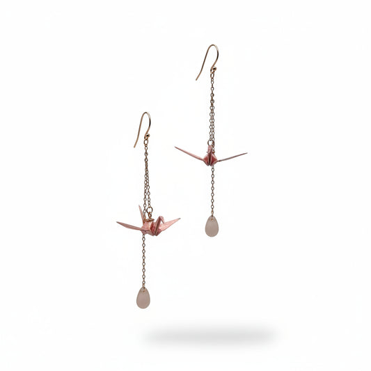 Japanese blush pink origami crane long drop earrings with teardrop accents and 925 sterling silver hooks
