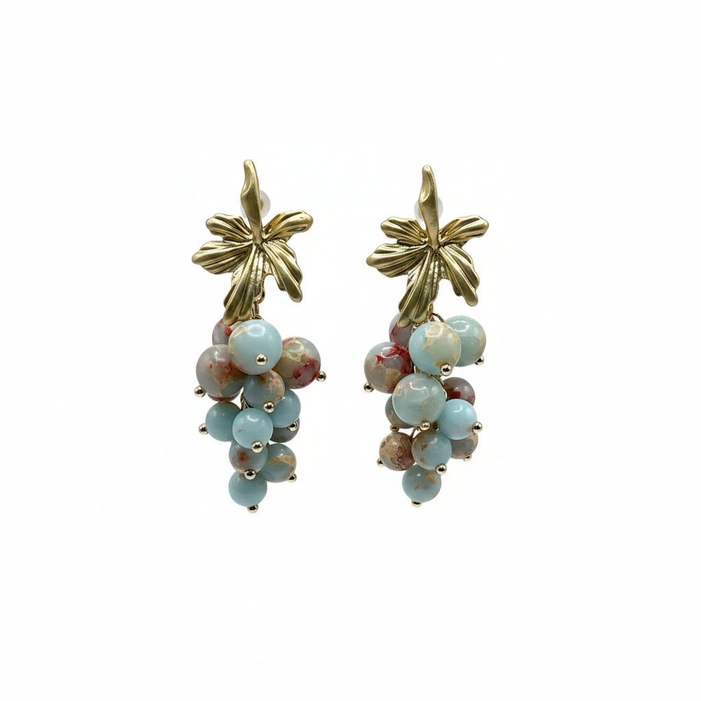 vintage vineyard cluster earrings with natural Shoushan stone beads and floral gold-tone top