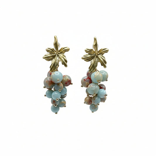 vintage vineyard cluster earrings with natural Shoushan stone beads and floral gold-tone top