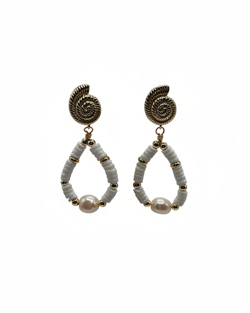 Handmade white coral and freshwater pearl resort earrings with shell-inspired gold studs