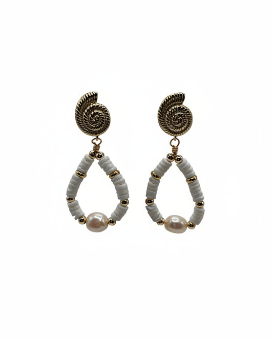 Handmade white coral and freshwater pearl resort earrings with shell-inspired gold studs