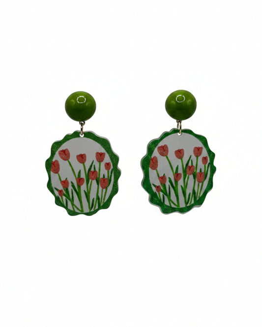 Green Tulip Resin Earrings