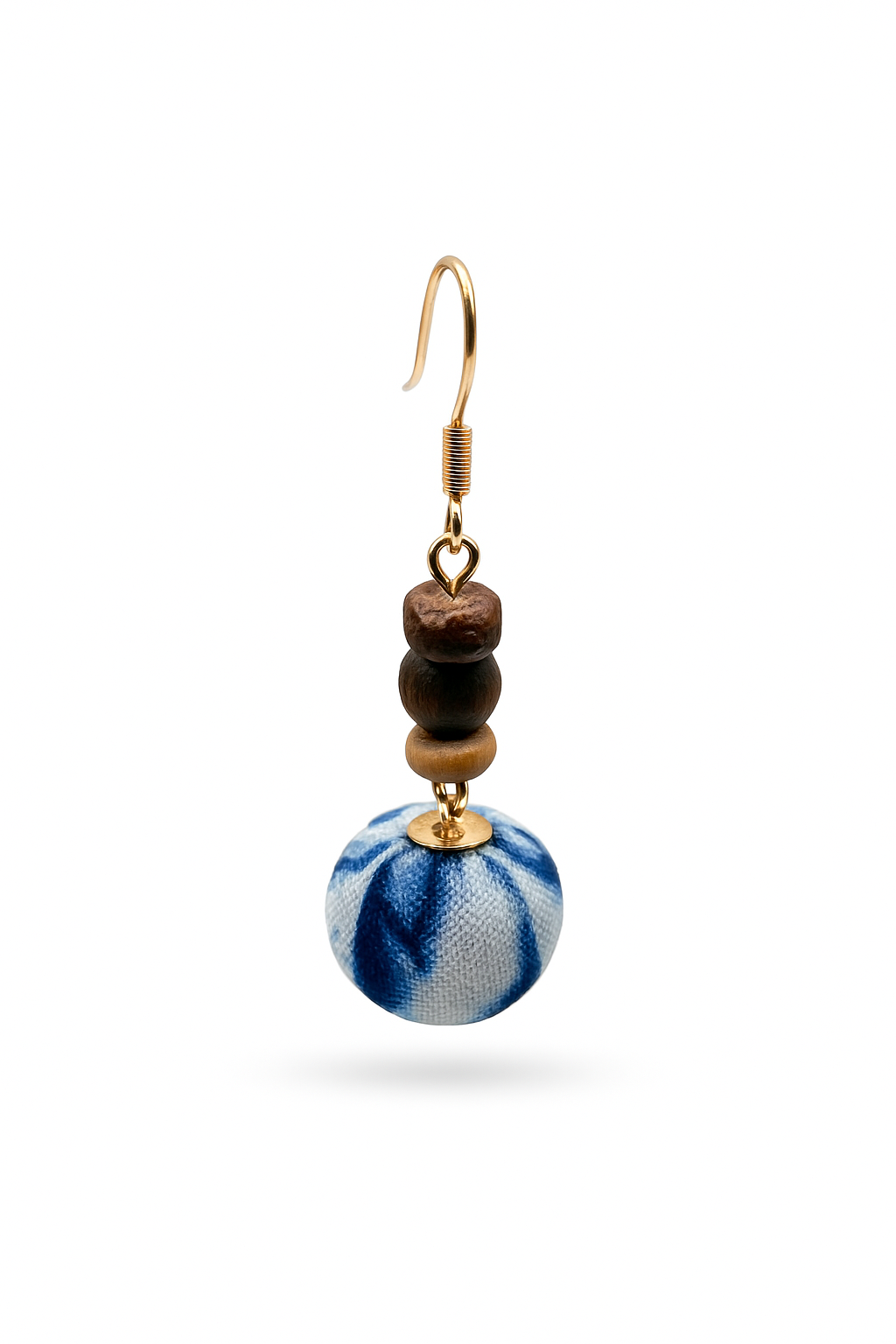 Indigo Tie-Dye Fabric Earrings with Coconut Shell and Wood Beads