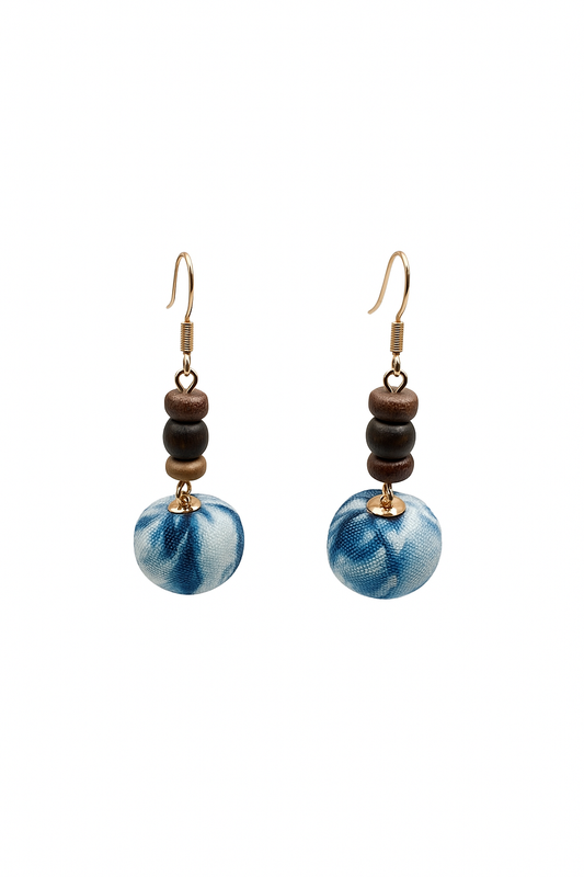 Indigo Tie-Dye Fabric Earrings with Coconut Shell and Wood Beads