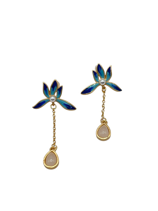 Lotus Jade Tassel Earrings in Cold Enamel