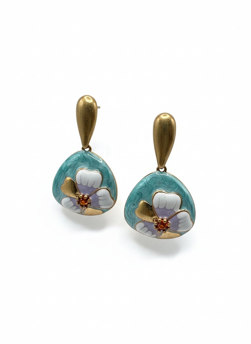 Vintage court turquoise enamel flower drop earrings with gold finish on white background