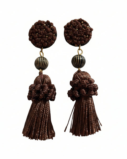 Handmade Japanese brown tassel earrings with surgical-grade stainless steel posts