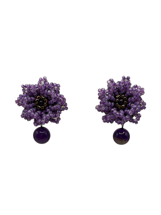 Purple Beaded Flower Earrings