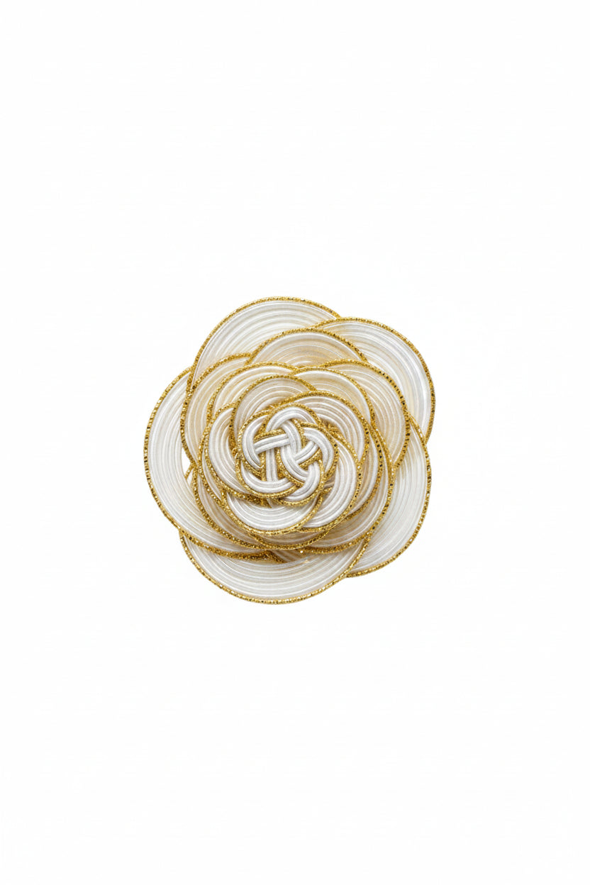 Handmade white and gold Japanese mizuhiki camellia brooch