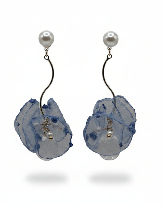 Mist blue polka dot organza drop earrings with pearl accents and 925 silver posts