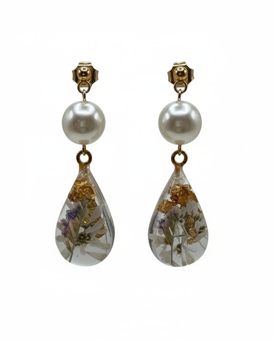 Real Flower Teardrop Pearl Earrings
