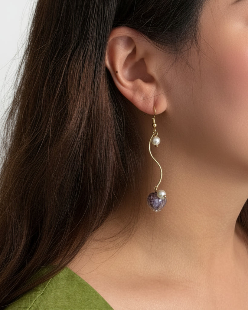 Vine Curve Purple Glass Flower Earrings