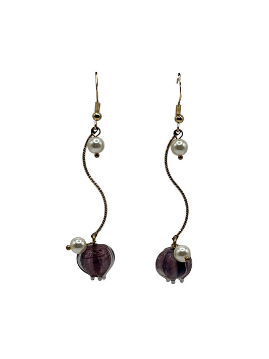 Vine Curve Purple Glass Flower Earrings