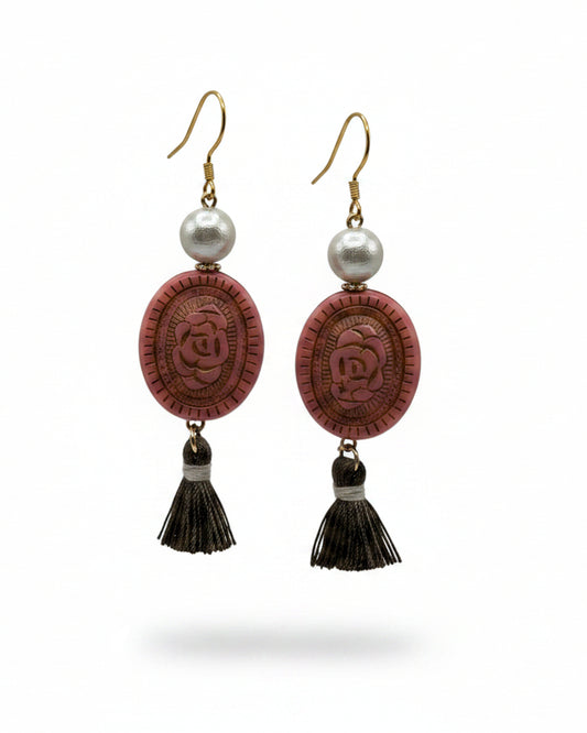 Pink vintage-style resin rose tassel earrings with cotton pearls and gold-tone hooks